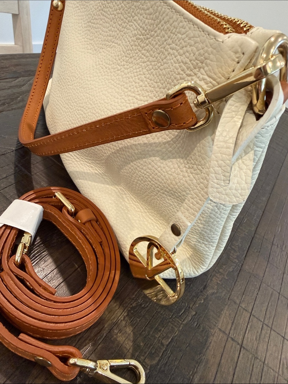 Valentina Italian white pebbled leather crossbody bag with a triple entry design - Picture 16 of 16